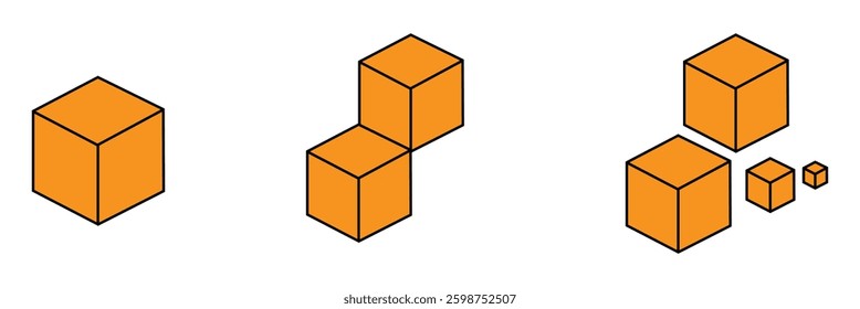Vector illustrations of cubes in various arrangements in a simple black and white design. Editable stroke. Vector Illustration .