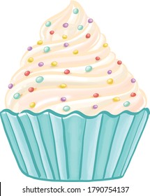 vector illustrations of cupcakes. Sweets for birthday party. Sweet dessert food and birthday yummy cupcake of set