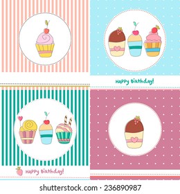 Vector illustrations of cupcakes. Vintage set of birthday cards. 