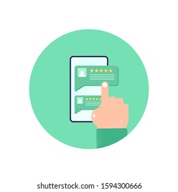Vector illustrations, customer review ratings, people giving reviews and feedback ratings, stars, telephone, hands, articles.