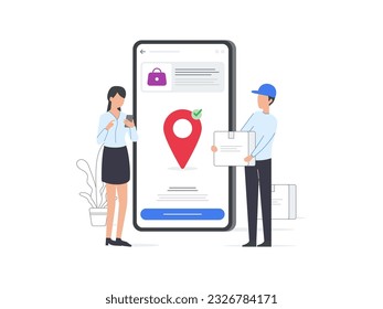 Vector illustrations of customers receiving packages from couriers. Flat style artwork depicting delivery process and customer satisfaction.