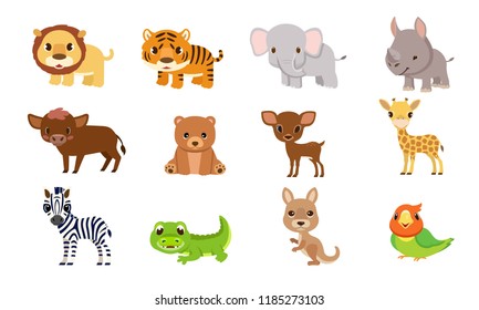 Vector illustrations cute animals creatures in the jungle for kids.