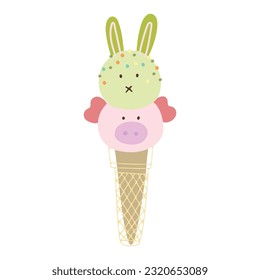 Vector illustrations of cute animals ice cream rabbit and pig.