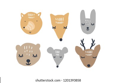 Vector illustrations of cute animals, woodland nursery collection. Handmade, handcrafted, hand drawn doodle sketches