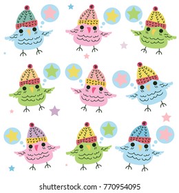 Vector illustrations Cute bird wearing a hat in winter.
