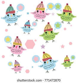 Vector illustrations Cute bird wearing a hat in winter.