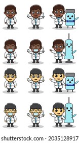 Vector illustrations of Cute Boys doctor. Adorable kids doctor set. Smiling little Boy dressed as doctors.