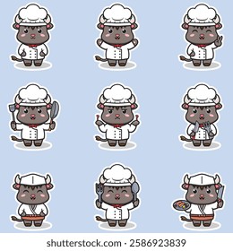 Vector Illustrations of cute Buffalo chef mascot cartoon character. Illustration Collection of Buffalo icon isolated. This is Vector Illustration.