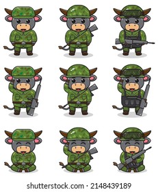 Vector Illustrations Of Cute Buffalo As Soldier. Cute Army Set. Flat Cartoon Character Design.