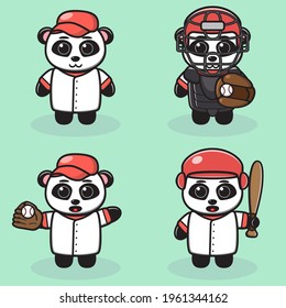 Vector illustrations of a cute cartoon Panda Baseball Player. Cute Panda character with expression, design bundle. Good for icon, logo, label, sticker, clipart.