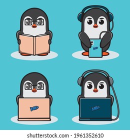 Vector Illustrations Of Cute Cartoon Penguin Hobby Concept. Cute Penguin Character With Expressions Design Bundle. Good For Icon, Logo, Label, Sticker, Clipart.