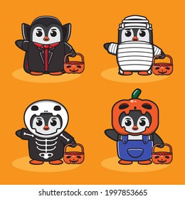 Ilustraciones vectoriales del juego de Halloween del bonito pingüino de dibujos animados. Drácula, momia, esqueleto y traje de calabaza. Es bueno para el icono, logotipo, etiqueta, pegatina, clipart.