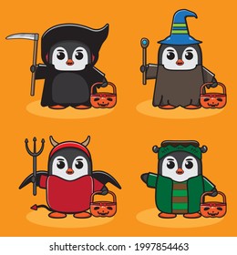 Vector illustrations of cute Cartoon Penguin Halloween set. Reaper, Wizard, Devil and frankenstein costume set. Good for icon, logo, label, sticker, clipart.