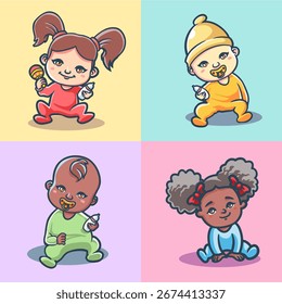 Ilustrações vetoriais de bebês bonitos em estilo cartoon com várias expressões e roupas coloridas, adequadas para designs infantis, brinquedos e produtos para bebês.