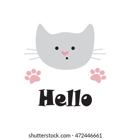 Vector illustrations. cute cat face  and pink paw prints on a white background. Illustration with text. Print for nightie, t-shirts.