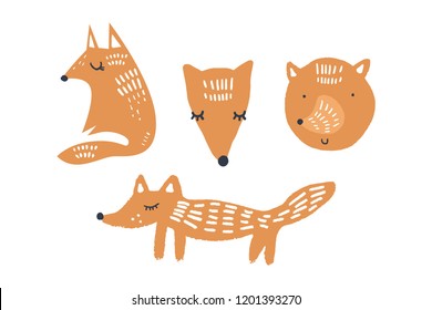 Vector illustrations of cute different foxes, woodland nursery collection. Handmade, handcrafted, hand drawn doodle sketches