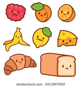 Vector illustrations of cute Food characters Bundle - Collection Including Raspberry, Lemon, Banana Peel, Bread Loaf, Peach, Orange, Cheese, and Croissant. Perfect for Culinary Designs, Logos, Icons