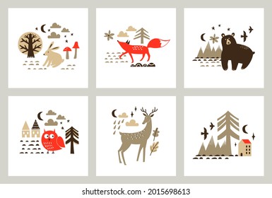 Vector illustrations with cute forest animals and trees in scandinavian style. Nursery prints for bags, paper stationery, packaging, home textile, clothing and more.