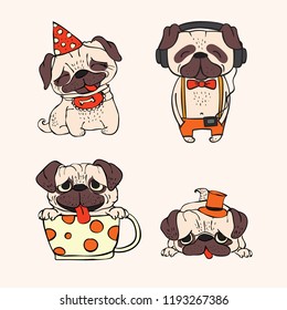 Vector illustrations of cute and funny cartoon hipster pug puppies