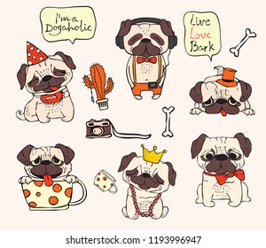 Vector illustrations of cute and funny cartoon hipster pug puppies and funny hand drawn quote