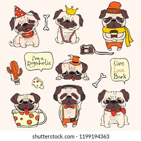 Vector illustrations of cute and funny cartoon hipster pug puppies and funny hand drawn quote