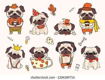 Vector illustrations of cute and funny cartoon hipster pug puppies 