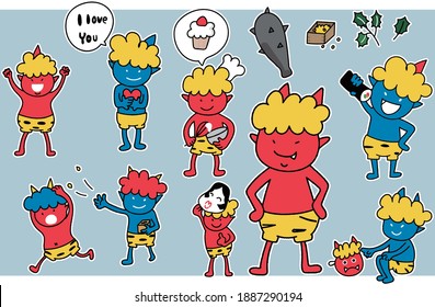Vector illustrations of cute gestures and facial expressions of Setsubun demons