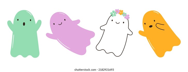 Vector illustrations of cute halloween ghosts with face expressions. Hand drawn magic characters for kids. Simple friendly creatures for card, poster, invitation design