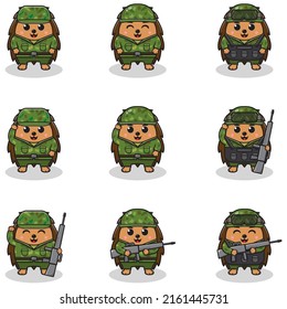 Vector illustrations of cute Hedgehog with Soldier costume. Cute army set. flat cartoon character design.