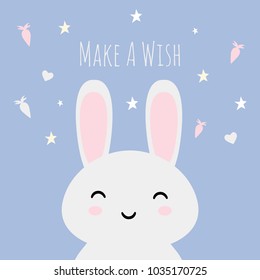 Vector illustrations with a cute kawaii asian bunny with a funny face and quote ''make a wish'', perfect for greeting cards, invitations, banners, etc.