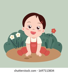 vector illustrations with cute little toddler. Baby girl playing. Toddler cheerful. toddler happy