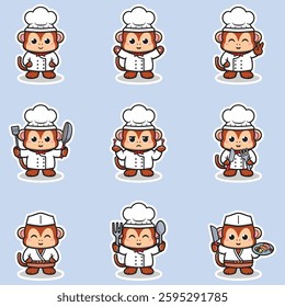 Vector Illustrations of cute Monkey chef mascot cartoon character. Illustration Collection of Monkey icon isolated. This is Vector Illustration.