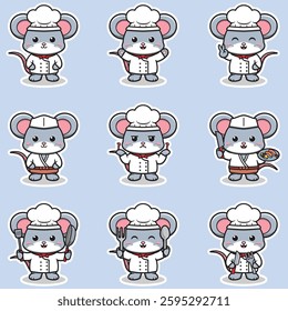 Vector Illustrations of cute Mouse chef mascot cartoon character. Illustration Collection of Mouse icon isolated. This is Vector Illustration.