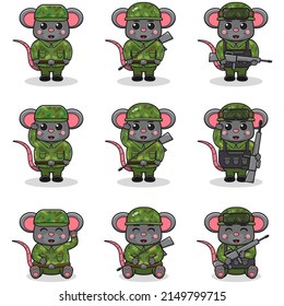 Vector illustrations of cute Mouse as Soldier. Cute army set. flat cartoon character design.