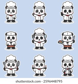 Vector Illustrations of cute Panda chef mascot cartoon character. Illustration Collection of Panda icon isolated. This is Vector Illustration.