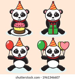 Vector illustrations of a cute Panda, Party cartoons. Cute Panda character with expressions, design bundle. Good for icon, logo, label, sticker, clipart.