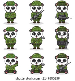Vector illustrations of cute Panda as Soldier. Cute army set. flat cartoon character design.