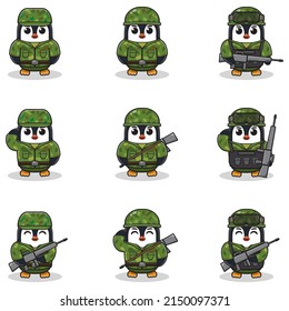 Vector illustrations of cute Penguin as Soldier. Cute army set. flat cartoon character design.