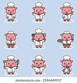 Vector Illustrations of cute Pig chef mascot cartoon character. Illustration Collection of Pig icon isolated. This is Vector Illustration.