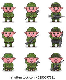 Vector illustrations of cute Pig as Soldier. Cute army set. flat cartoon character design.
