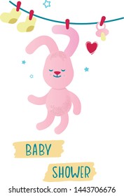 Vector illustrations with a cute pink bunny.Can be used for cards, banner, poster. Baby shower party design element.