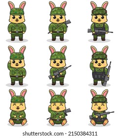 Ilustraciones vectoriales del conejo lindo como soldado. Un ejército muy amable. diseño de caricaturas planas.