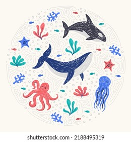 Vector illustrations of cute sea animals, ocean inhabitants, kids set for girls and boys, cartoon whale, killer whale, jellyfish, starfish, coral. Set of hand drawn marine elements.