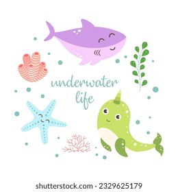 vector illustrations of cute sea animals, ocean inhabitants, cartoon kids set with shark, narwhal, starfish and coral, frame of marine elements