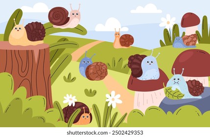 Vector illustrations with cute snails in a green clearing with flowers, mushrooms and leaves. Images of smiling brown-shelled snails crawling and eating leaves