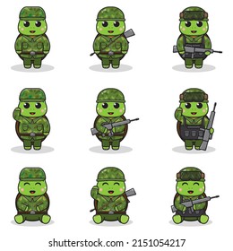 Vector illustrations of cute Turtle as Soldier. Cute army set. flat cartoon character design.