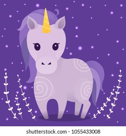 Vector illustrations with cute violet unicorn, plants and stars on dark background. Prints, templates, design elements for greeting cards, invitation cards, postcards.
