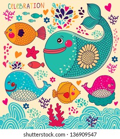 Vector illustrations: cute whales and fish