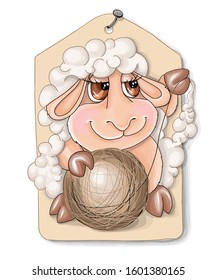 vector illustrations cutelittle sheep witha ball of wool