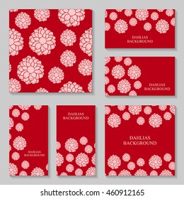 Vector illustrations of Dahlias pink flowers business cars, pattern and background set on dark red background